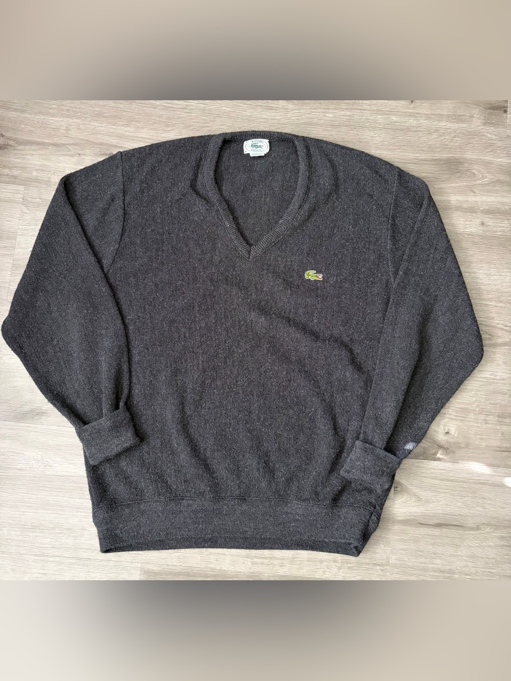 Vintage 70s Izod Lacoste V-Neck Charcoal Orlon Grandpa Sweater- Size L